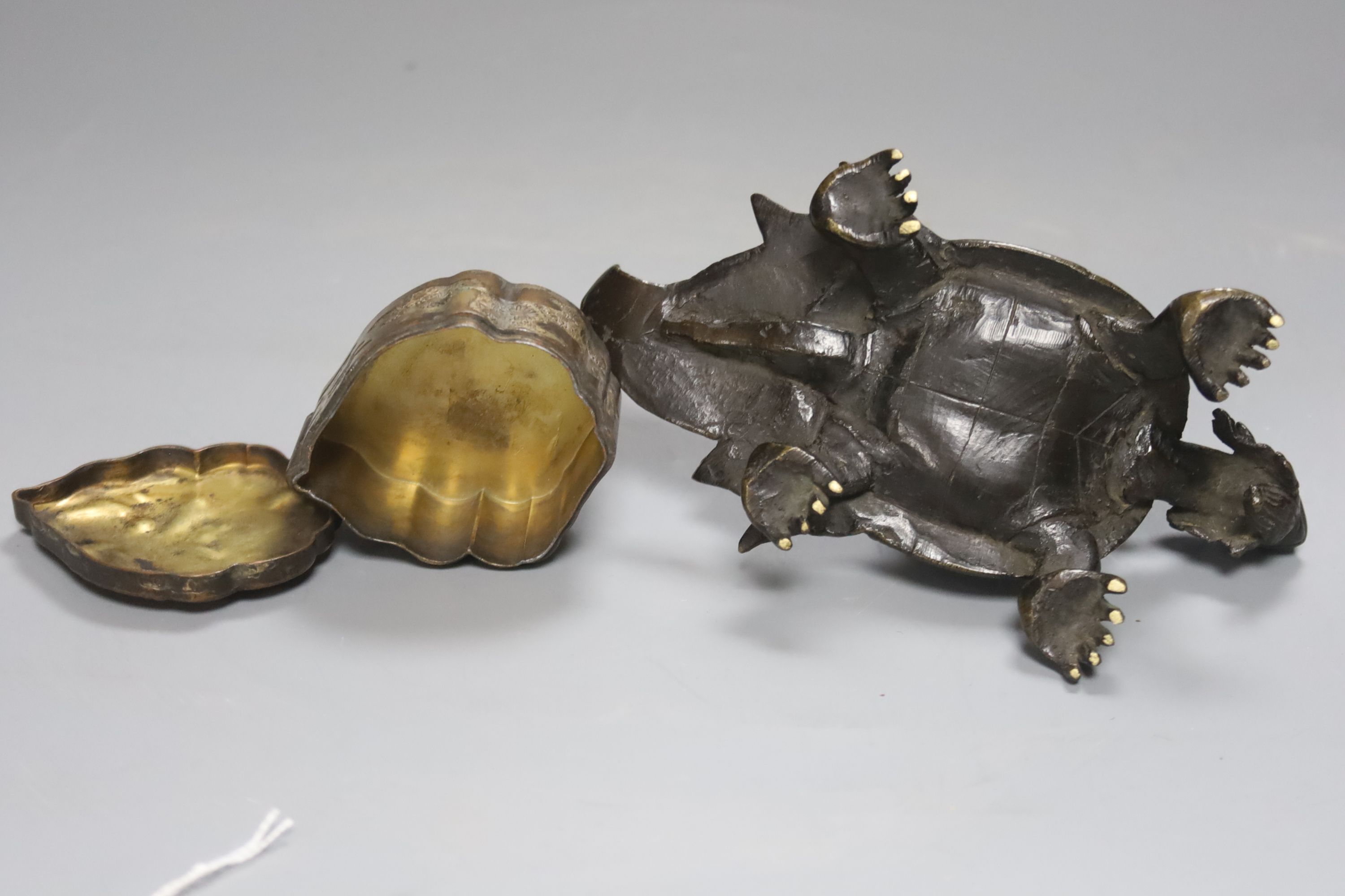 A Chinese bronze of a tortoise, length 16cm, together with a similar trinket box